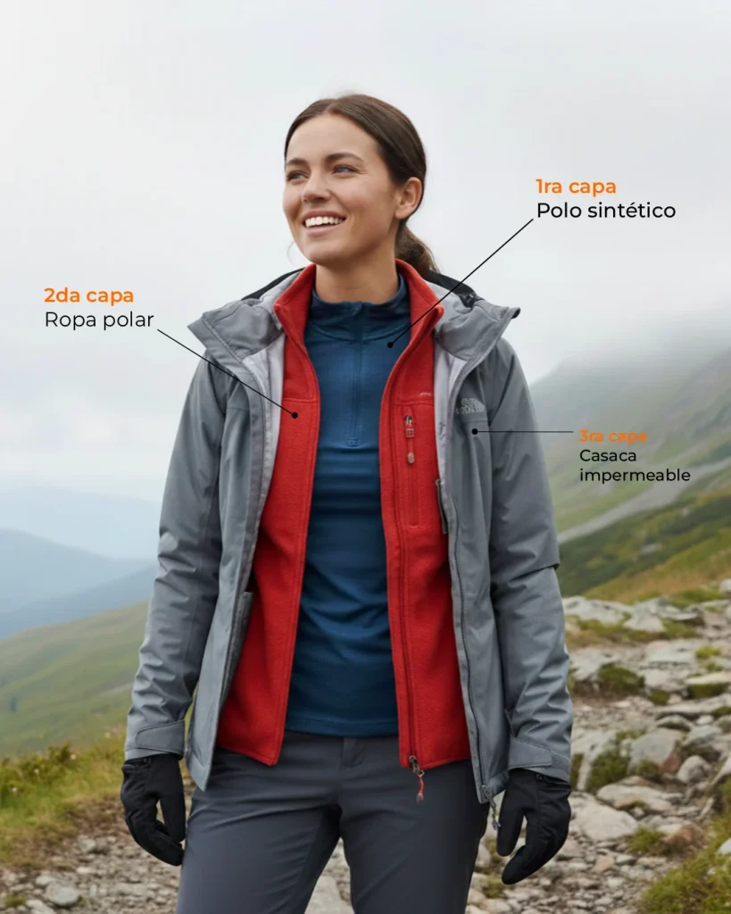 Mujer senderista sonriendo en el Camino Inca usando las 3 capas de ropa