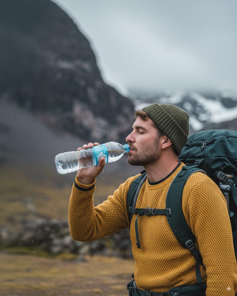 Turista tomando agua en la cordillera de los Andes