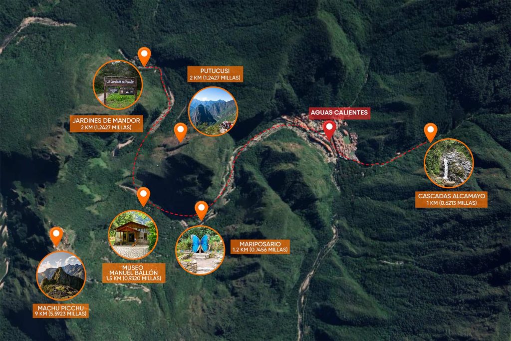 Mapa de los lugares que puedes visitar en los alrededores de Aguas Calientes