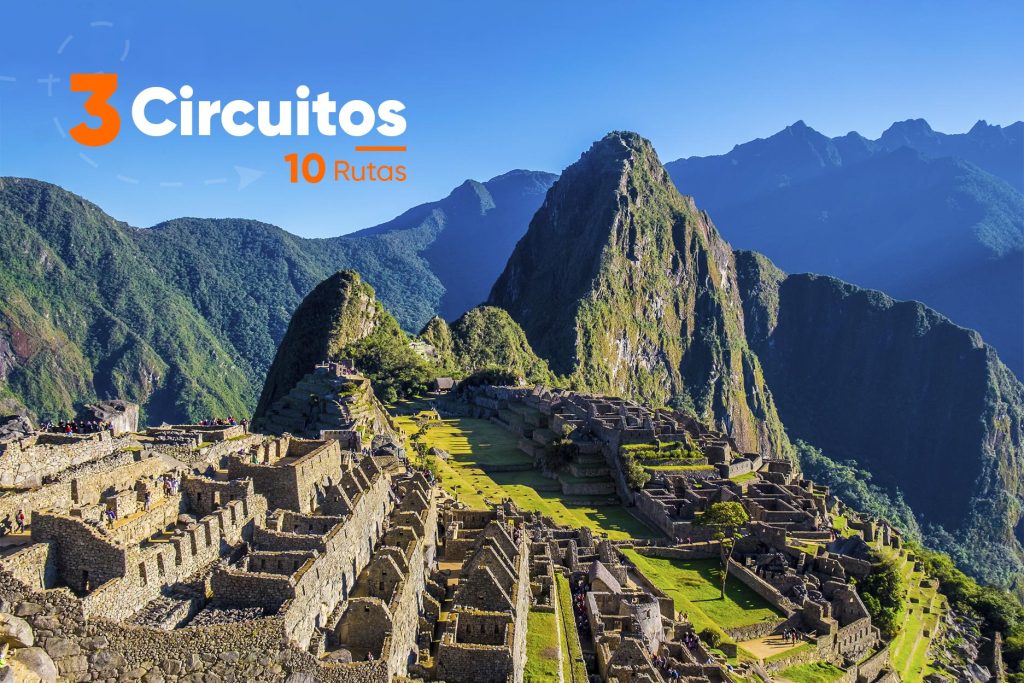 Foto postal de Machu Picchu en un día soleado con texto superpuesto indicando 3 circuitos, 10 rutas