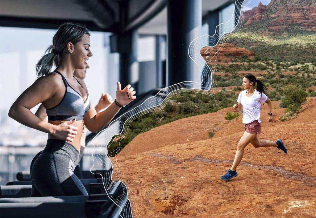 Dos personas realizando entrenamiento para trekking, una en la montaña y la otra en el gymnasio