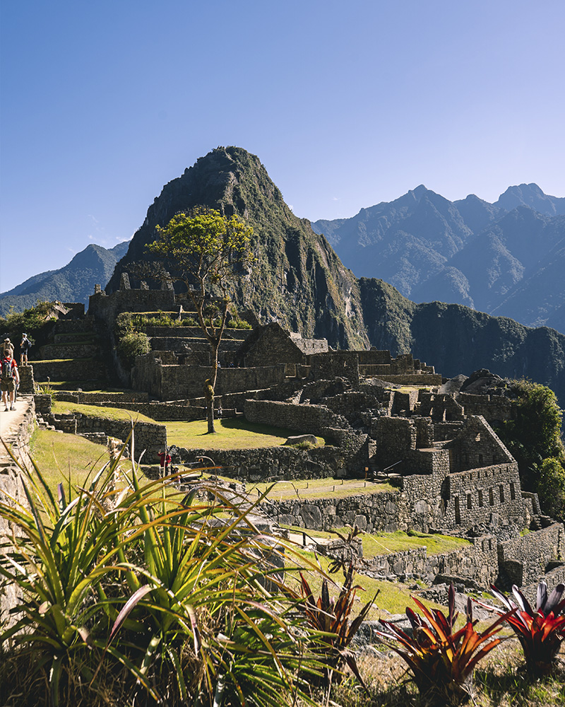 Fotografia de la Plaza del Pisonay en la ciudadela de Machu Picchu, con la montaña Huayna Picchu de fondo, en un día soleado