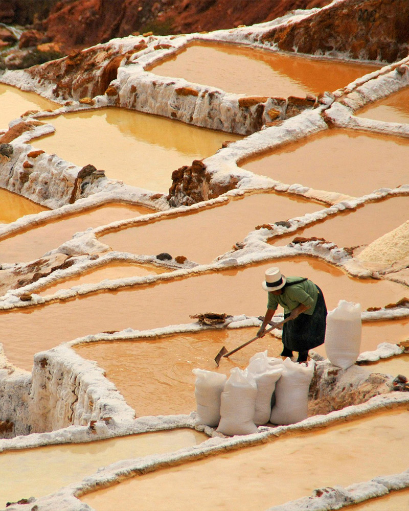Mujer extrayendo sal de las salineras de Maras