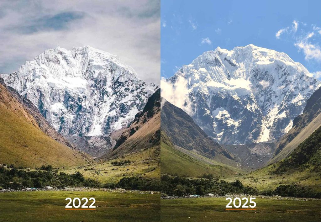 Foto comparativa de la desglaciación en el nevado Salkantay, entre le año 2022 al 2025