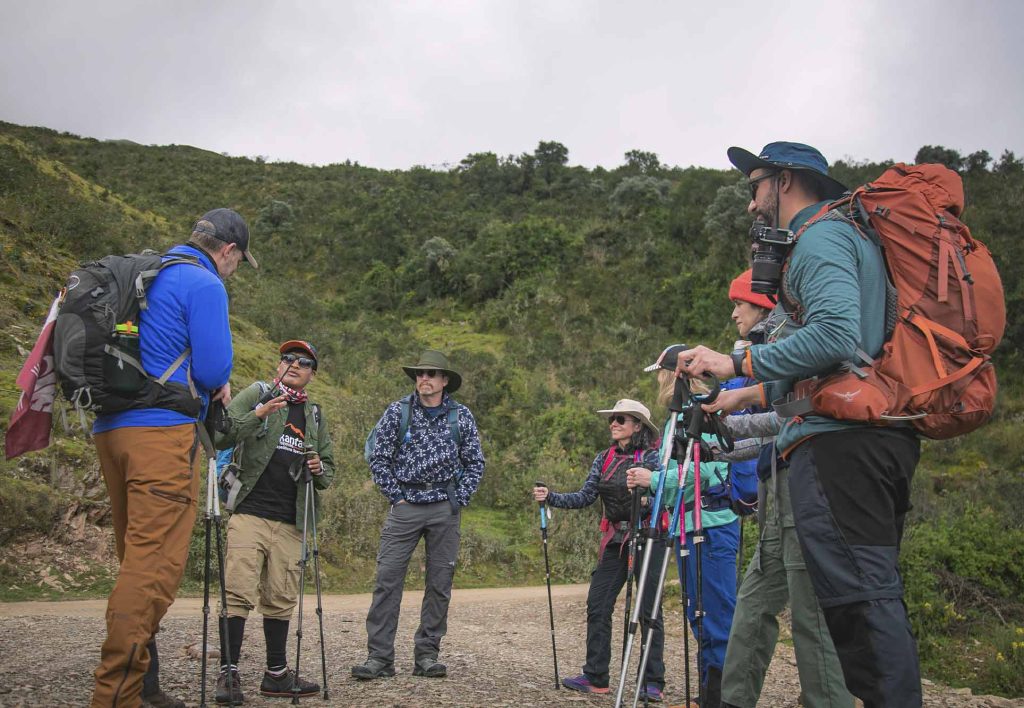 Grupo de turistas en la ruta Salkantay, conj mochilas, gorros y palos de trekking