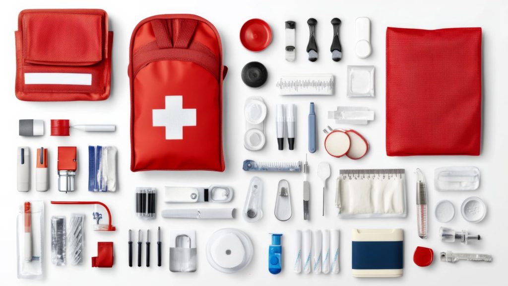 Botiquín básico de primeros auxilios que contiene suministros médicos esenciales para estar preparado ante emergencias en el hogar, la oficina o durante los viajes.