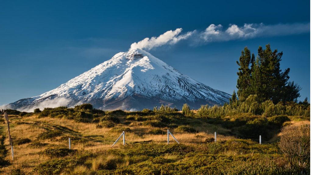 El cono nevado del volcán activo Cotopaxi, que se eleva por encima de las nubes en los Andes ecuatorianos.