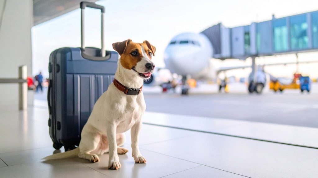Perro pequeño sentado junto a una maleta de viaje y un transportador certificado.