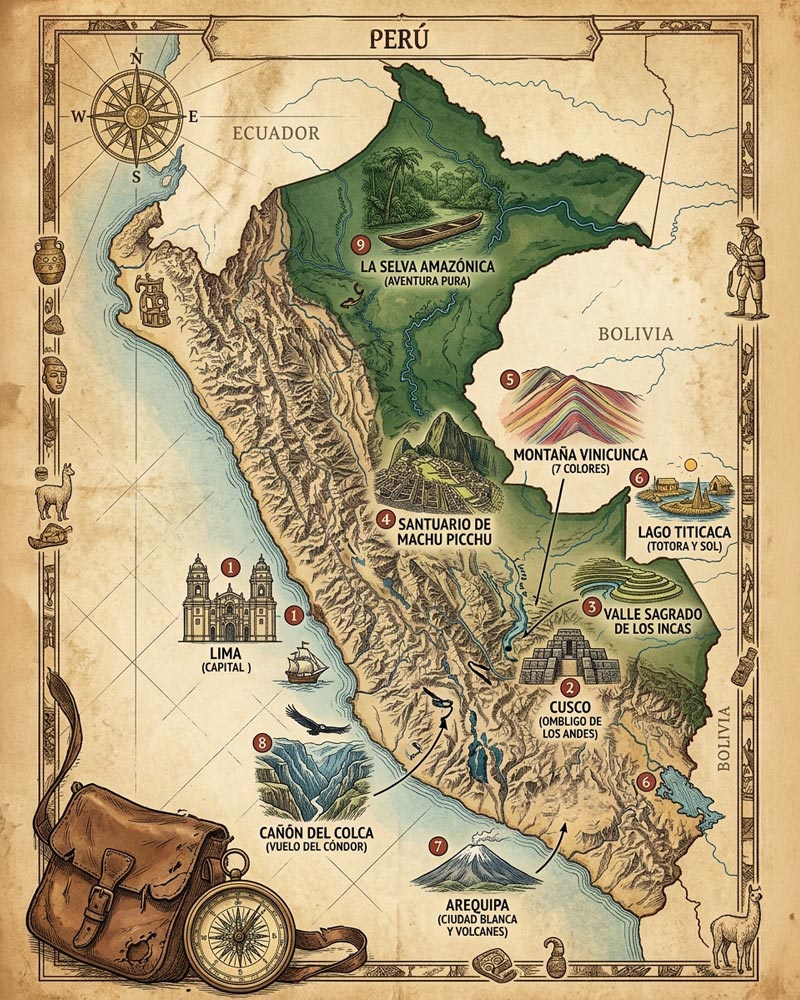 Mapa de los mejores lugares para Visitar en Perú