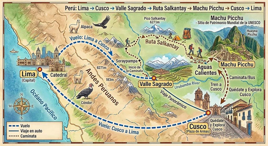 mapa del itinerario por Perú