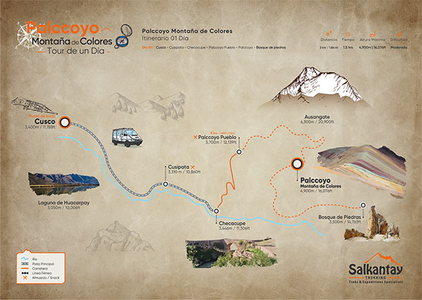 Mapa de la caminata a la Montaña de Colores Palccoyo