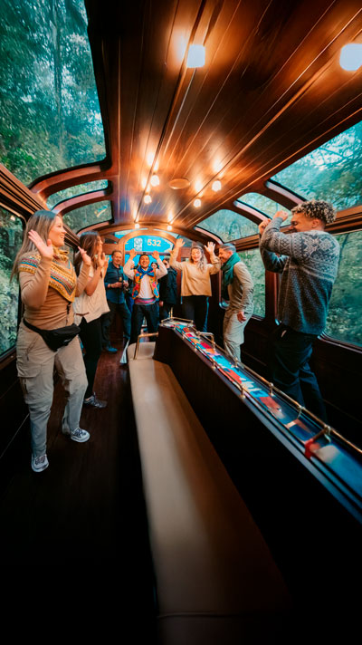 Grupo de turistas disfrutando de increíbles vistas de los Andes durante su viaje en tren hacia Machu Picchu, rodeados de majestuosos paisajes peruanos.