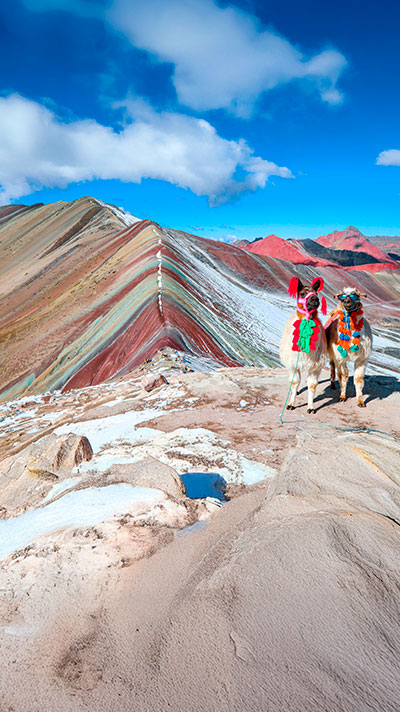 Tour de 1 día a la Montaña de Colores en Perú, también conocida como Vinicunca, disfrutando de sus impresionantes tonalidades naturales y los majestuosos paisajes de los Andes peruanos.